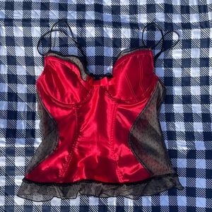 vintage red lace, satin corset